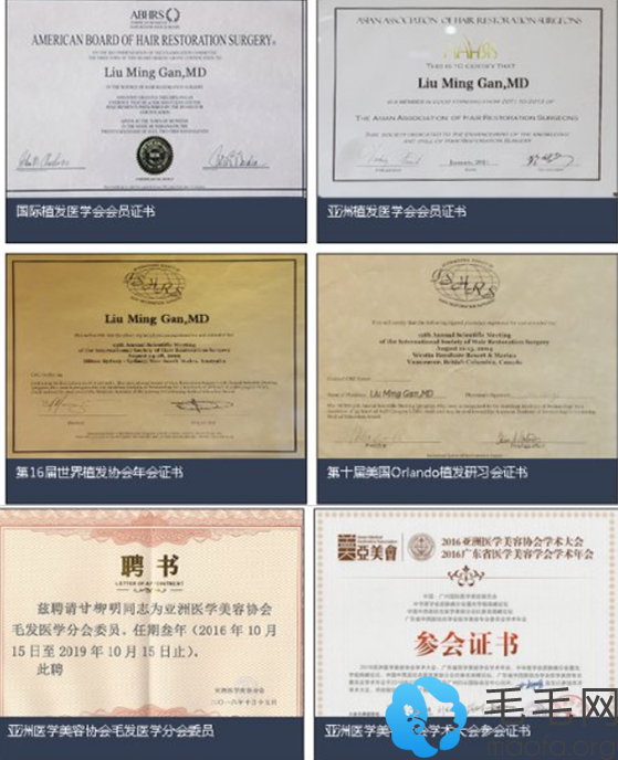 植发医生甘柳明荣获的各种荣誉资质证书